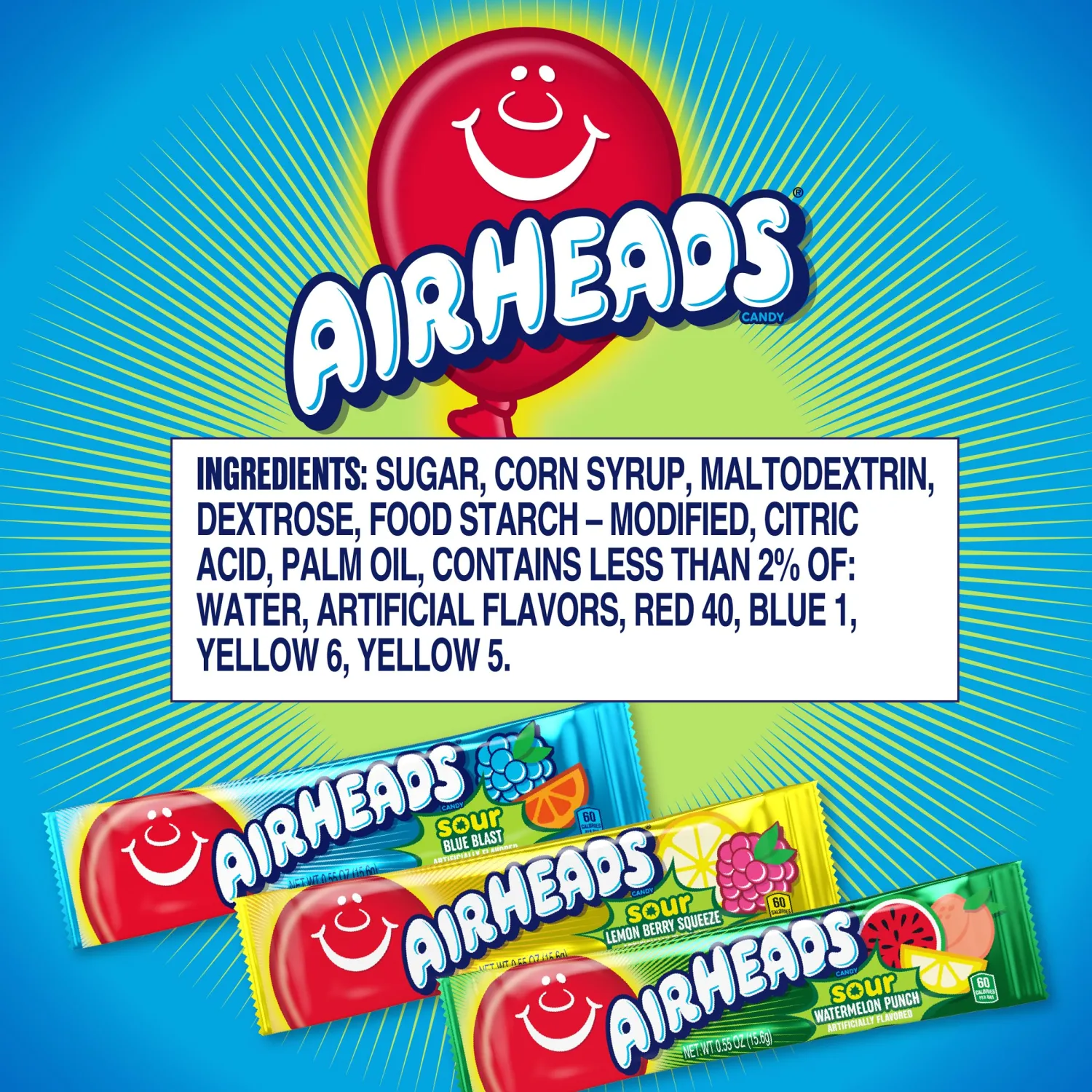 Airheads Sour Full-Sized Halloween Trick or Treat Taffy Candy Bars, Watermelon Punch, Blue Blast & Lemon Berry Squeeze, Individually Wrapped Halloween Candy for Adults & Kids, 9 Count Bag