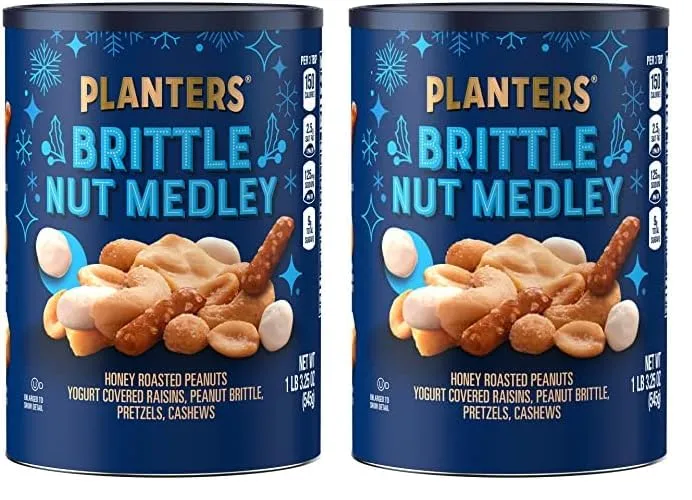 PLANTERS Winter Edition Brittle Nut Medley Trail Mix Snack with Honey Peanuts, Yogurt Raisins, Peanut Brittle, Pretzels & Cashews, 1 lb, Canister (Pack of 2)