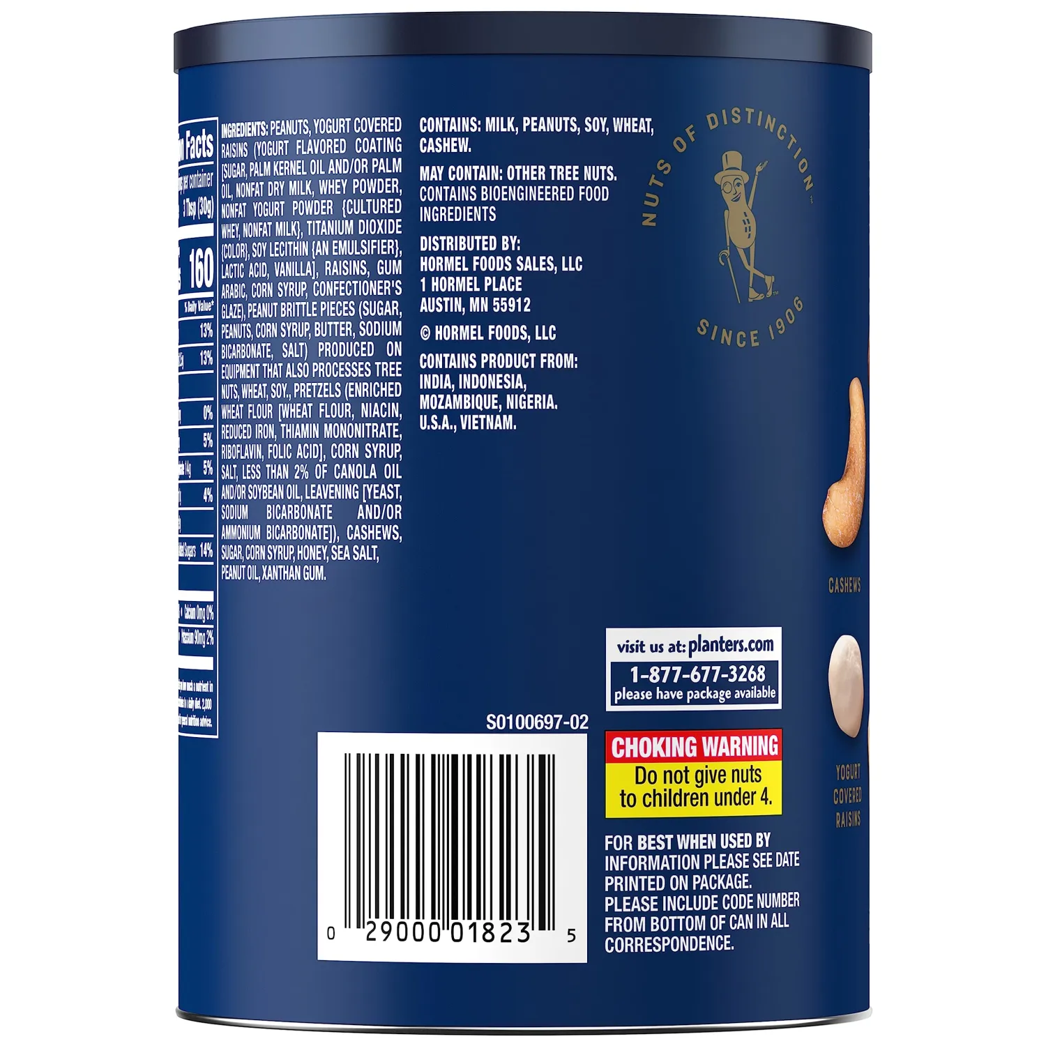 PLANTERS Winter Edition Brittle Nut Medley Trail Mix Snack with Honey Peanuts, Yogurt Raisins, Peanut Brittle, Pretzels & Cashews, 1 lb, Canister (Pack of 2)