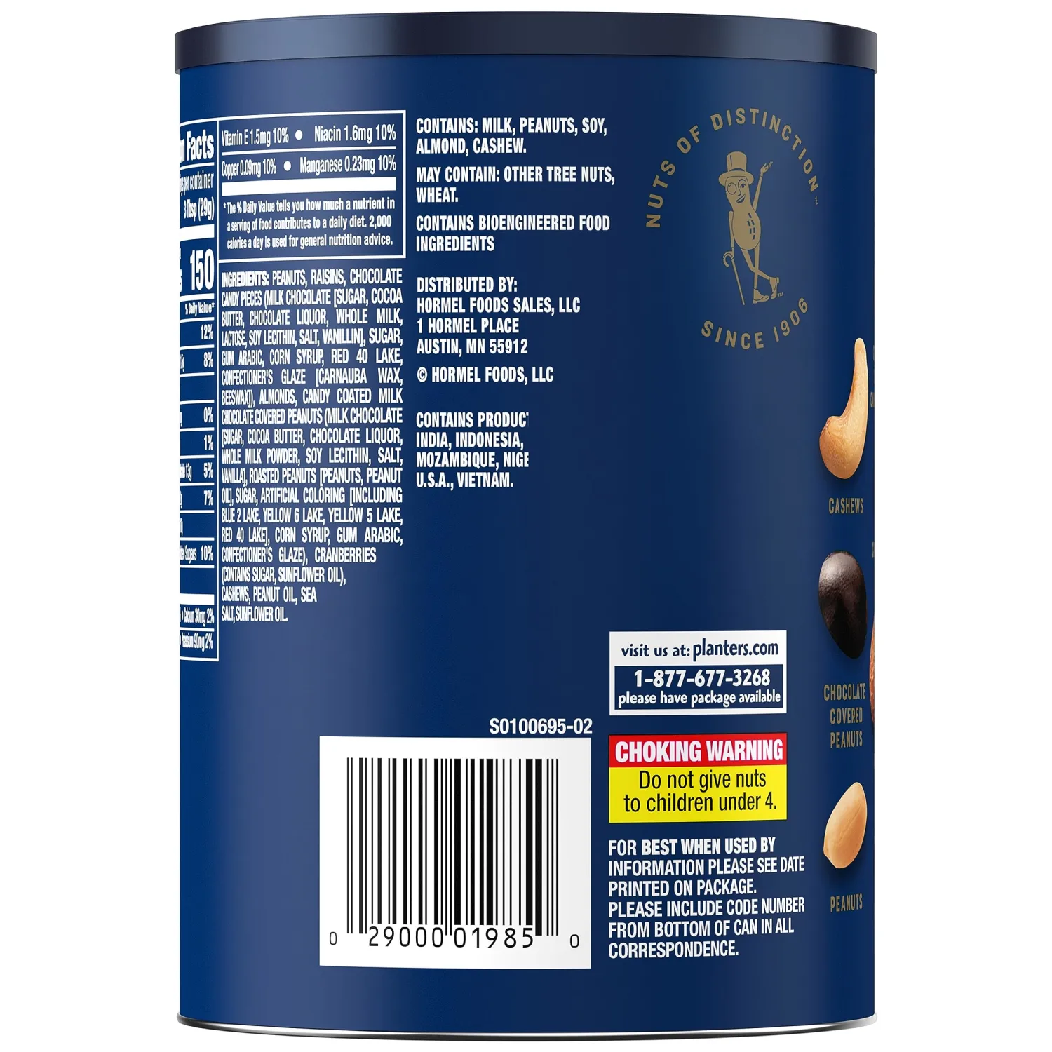 PLANTERS Holiday Nut Crunch Mix with Peanuts, Raisins, Chocolate Covered Peanuts, Almonds, Cashews, Cranberries, Holiday Snack, Party Nut Mix, 21oz Canister