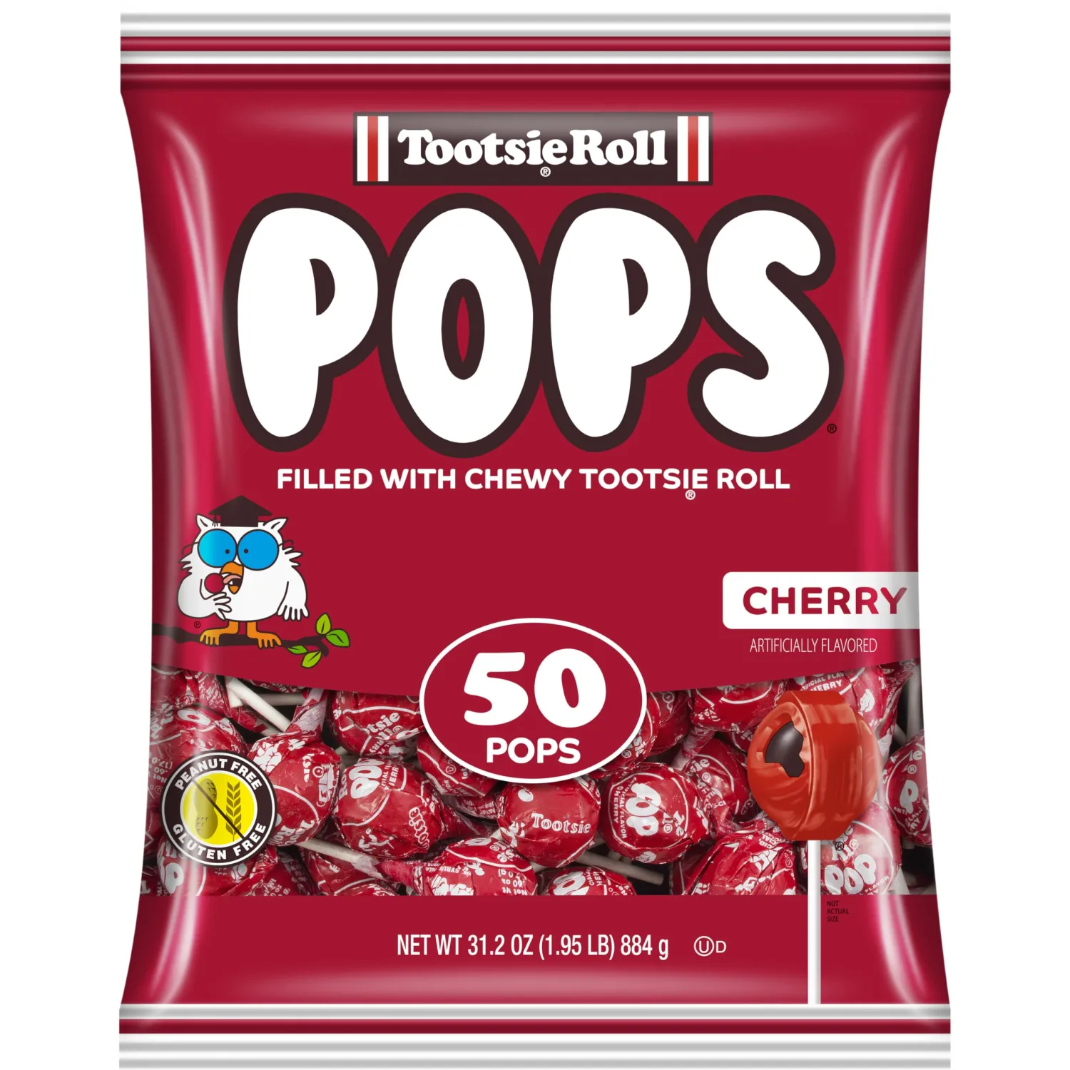 Tootsie Pops Single Flavor Bag - Cherry Flavored Lollipops with Chocolatey Center - Individually Wrapped Hard Candy - Red Candy - Peanut Free, Gluten Free, 50 Count (Pack of 1)