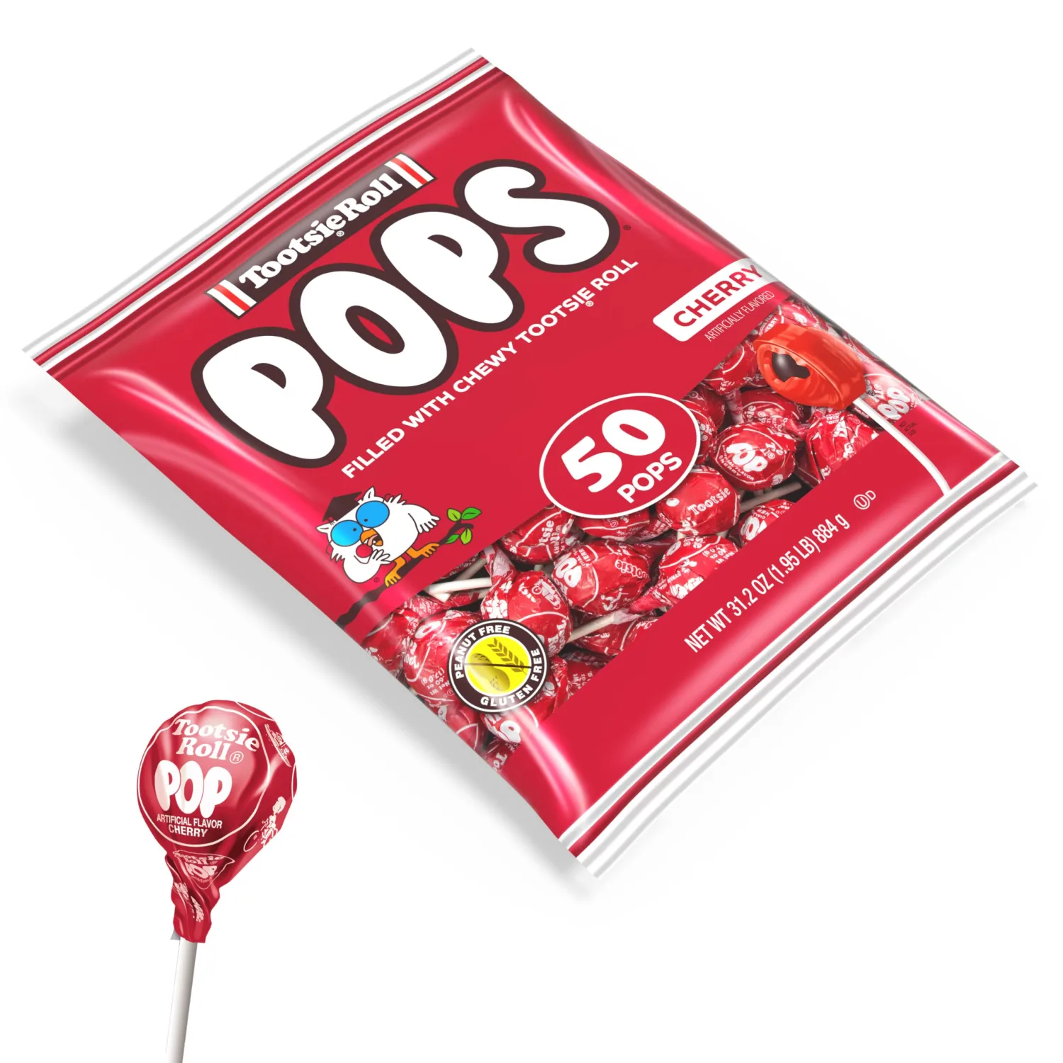 Tootsie Pops Single Flavor Bag - Cherry Flavored Lollipops with Chocolatey Center - Individually Wrapped Hard Candy - Red Candy - Peanut Free, Gluten Free, 50 Count (Pack of 1)