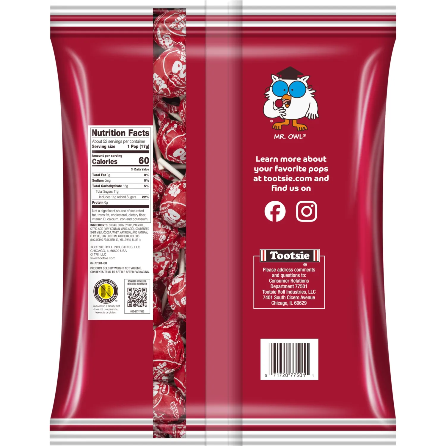 Tootsie Pops Single Flavor Bag - Cherry Flavored Lollipops with Chocolatey Center - Individually Wrapped Hard Candy - Red Candy - Peanut Free, Gluten Free, 50 Count (Pack of 1)