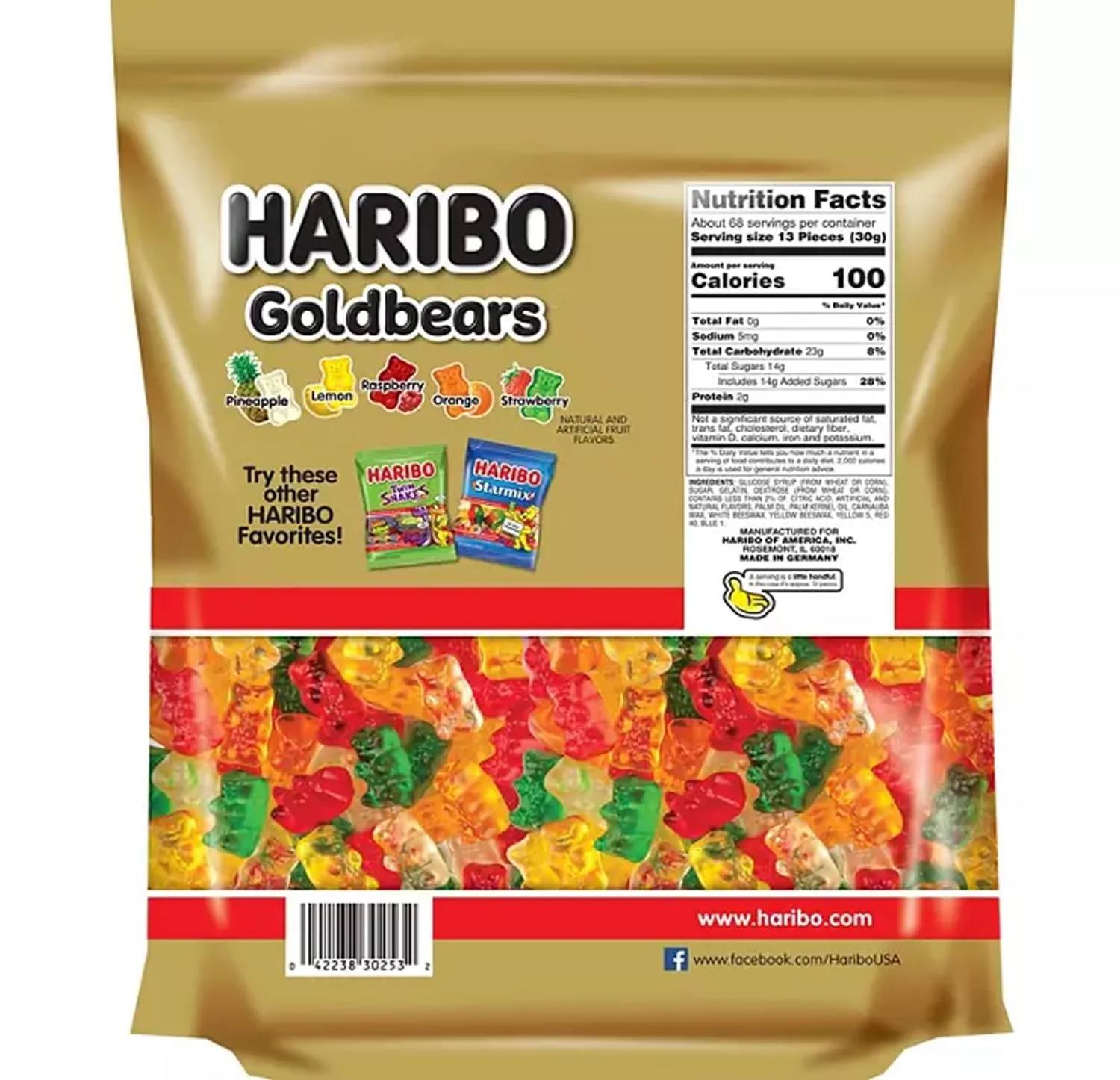 HARIBO Gummi Candy, Original Goldbears Gummy Bears, 72 Ounce Resealable Party Size Bag, Delicious Soft & Chewy Sweet Snacks, Assorted Fruity Flavors