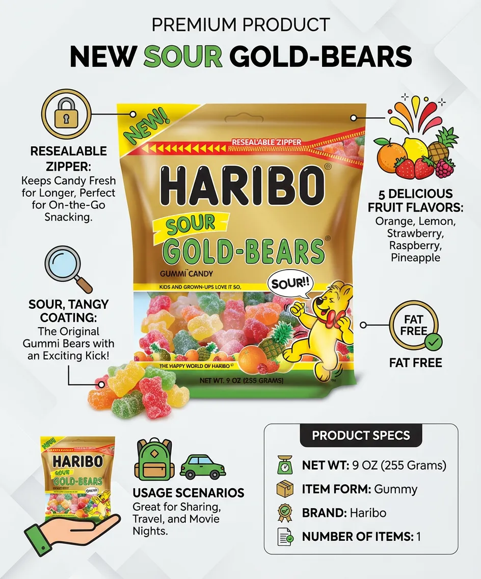 Haribo New Sour Gold-Bears Gummi Candy in a Resealable Pouch (9 Ounces)