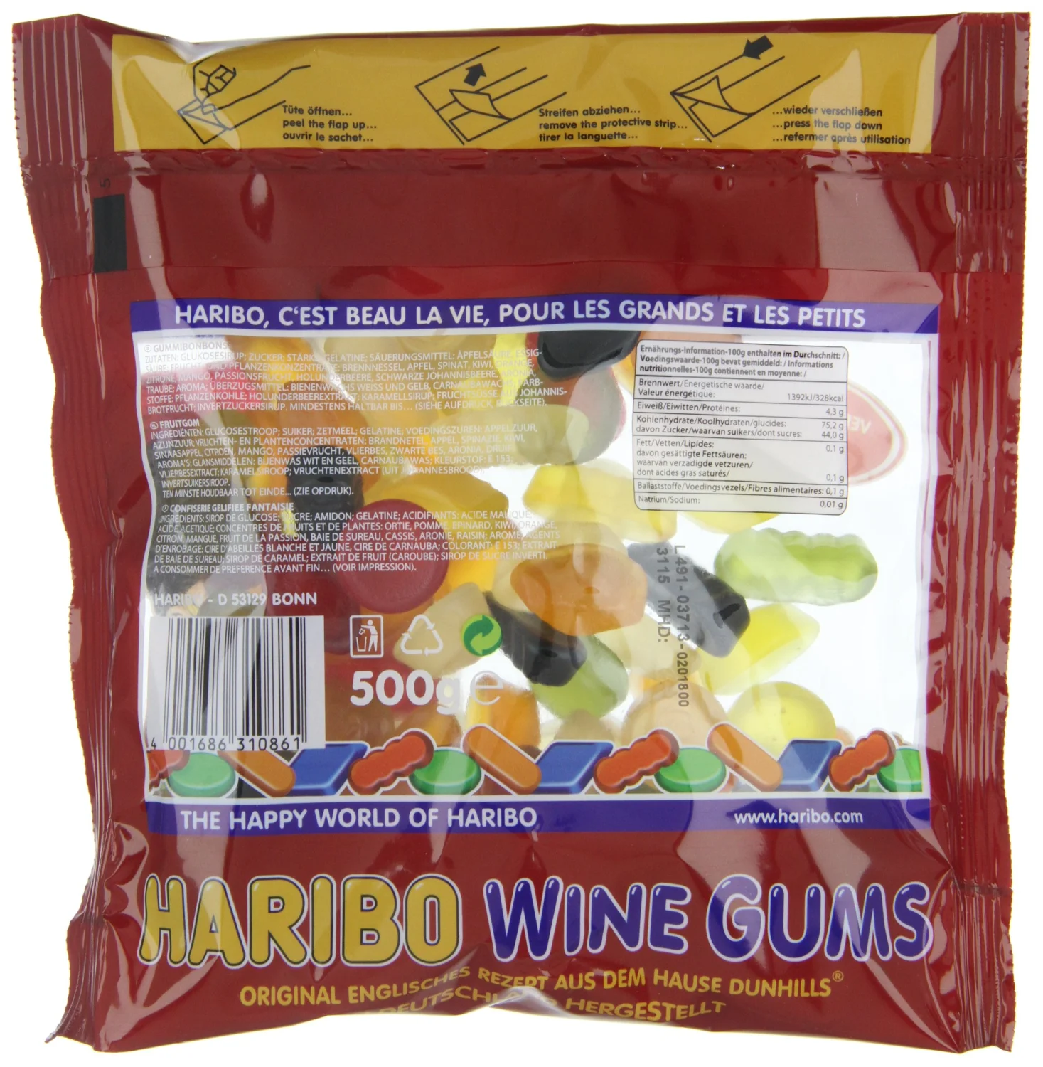 Haribo Wine Gums in Resealable Bag, 500 gram - 17.6 ounces