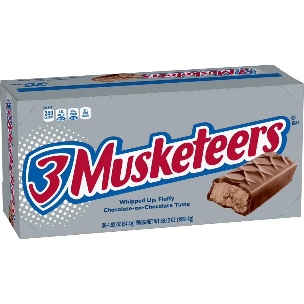 3 MUSKETEERS Milk Chocolate Candy Bars - Full Size Chocolate Bars, 1.92 oz Candy Bar (Pack of 36) Bulk Box