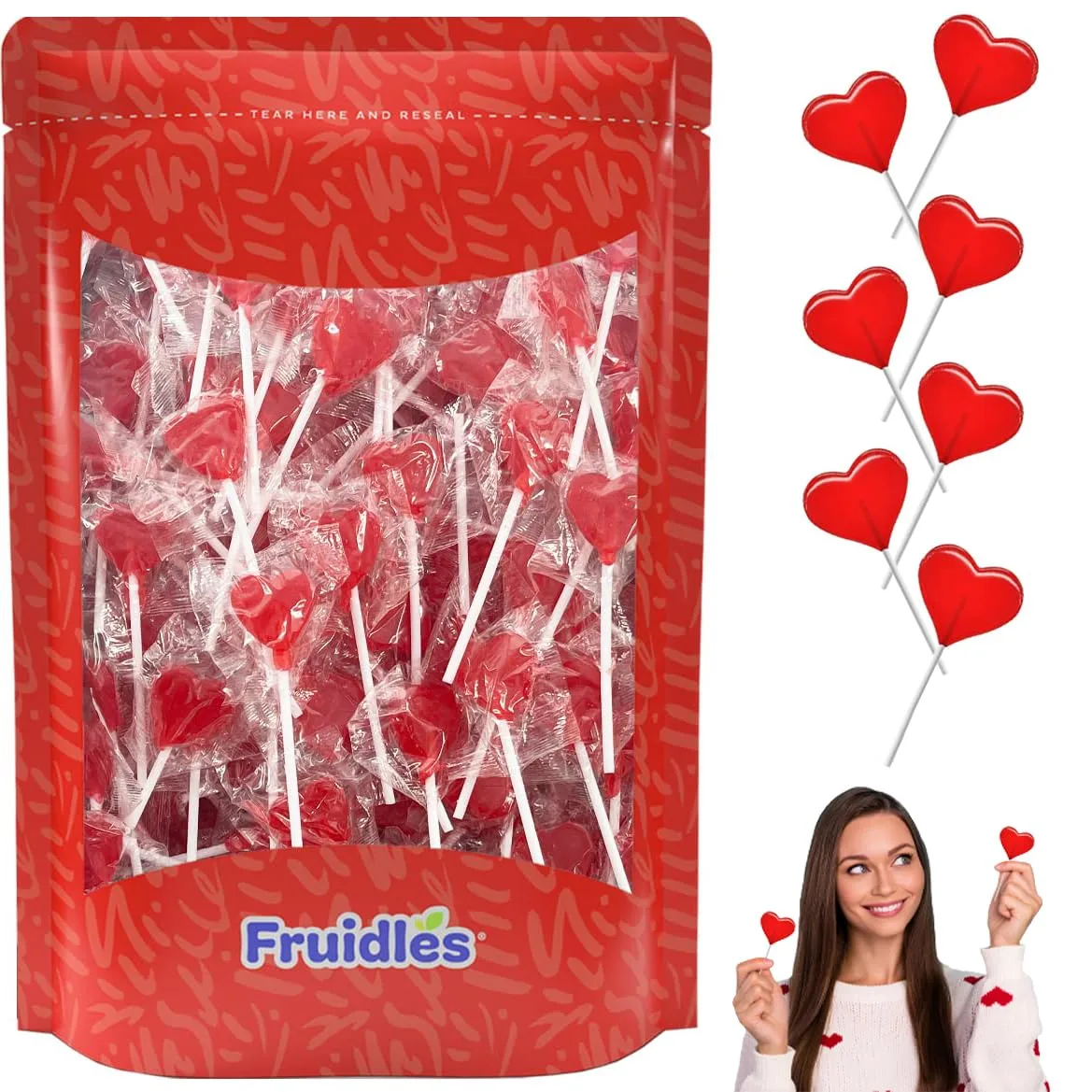Fruidles Valentines Day Lollipops Mini Red Heart Shaped Strawberry Flavored Lollipop, Individually Wrapped, 5g Lollipops (40 Lollipops)