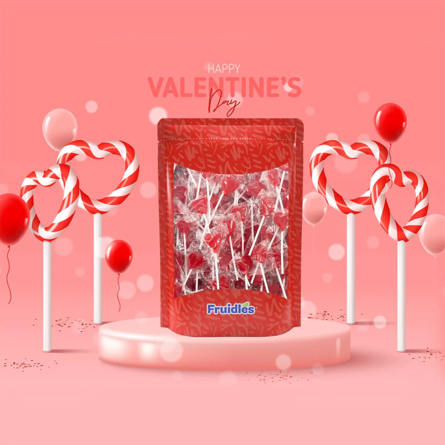 Fruidles Valentines Day Lollipops Mini Red Heart Shaped Strawberry Flavored Lollipop, Individually Wrapped, 5g Lollipops (40 Lollipops)