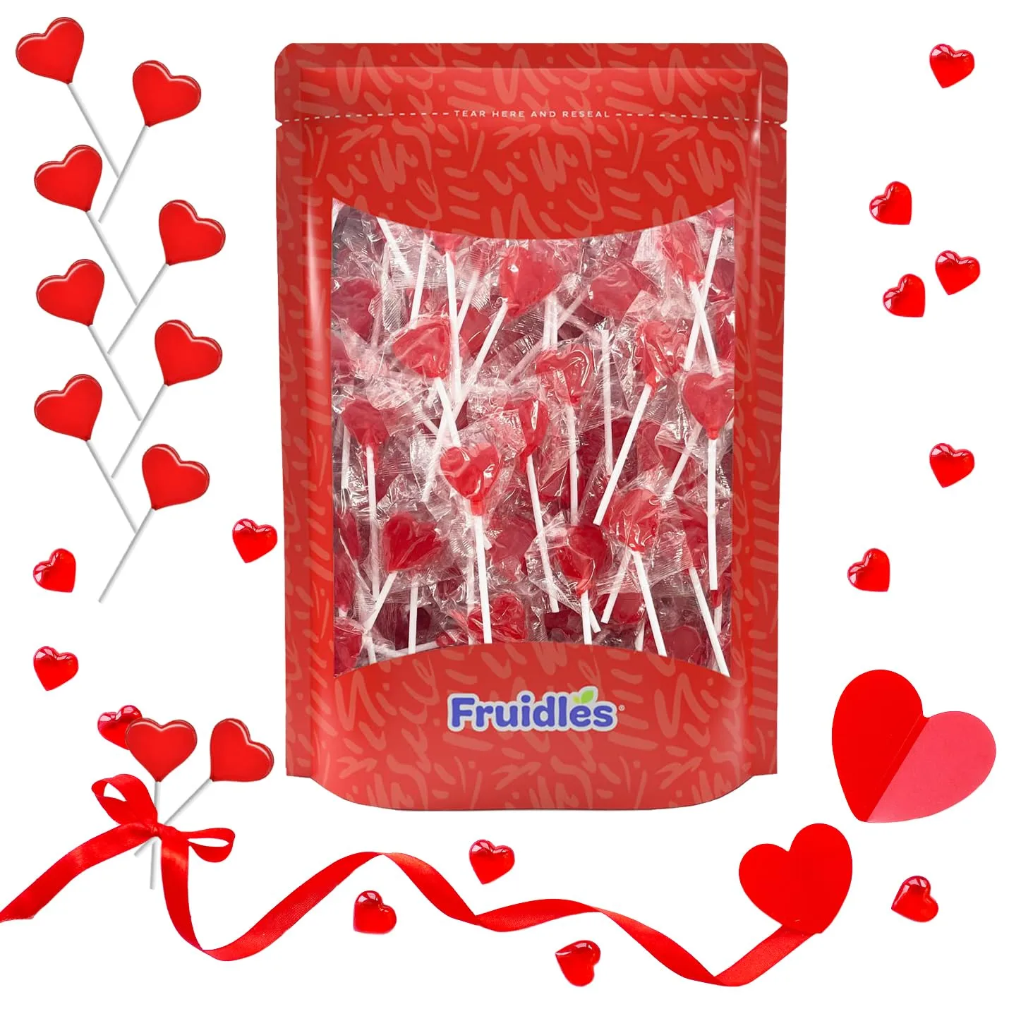 Fruidles Valentines Day Lollipops Mini Red Heart Shaped Strawberry Flavored Lollipop, Individually Wrapped, 5g Lollipops (40 Lollipops)
