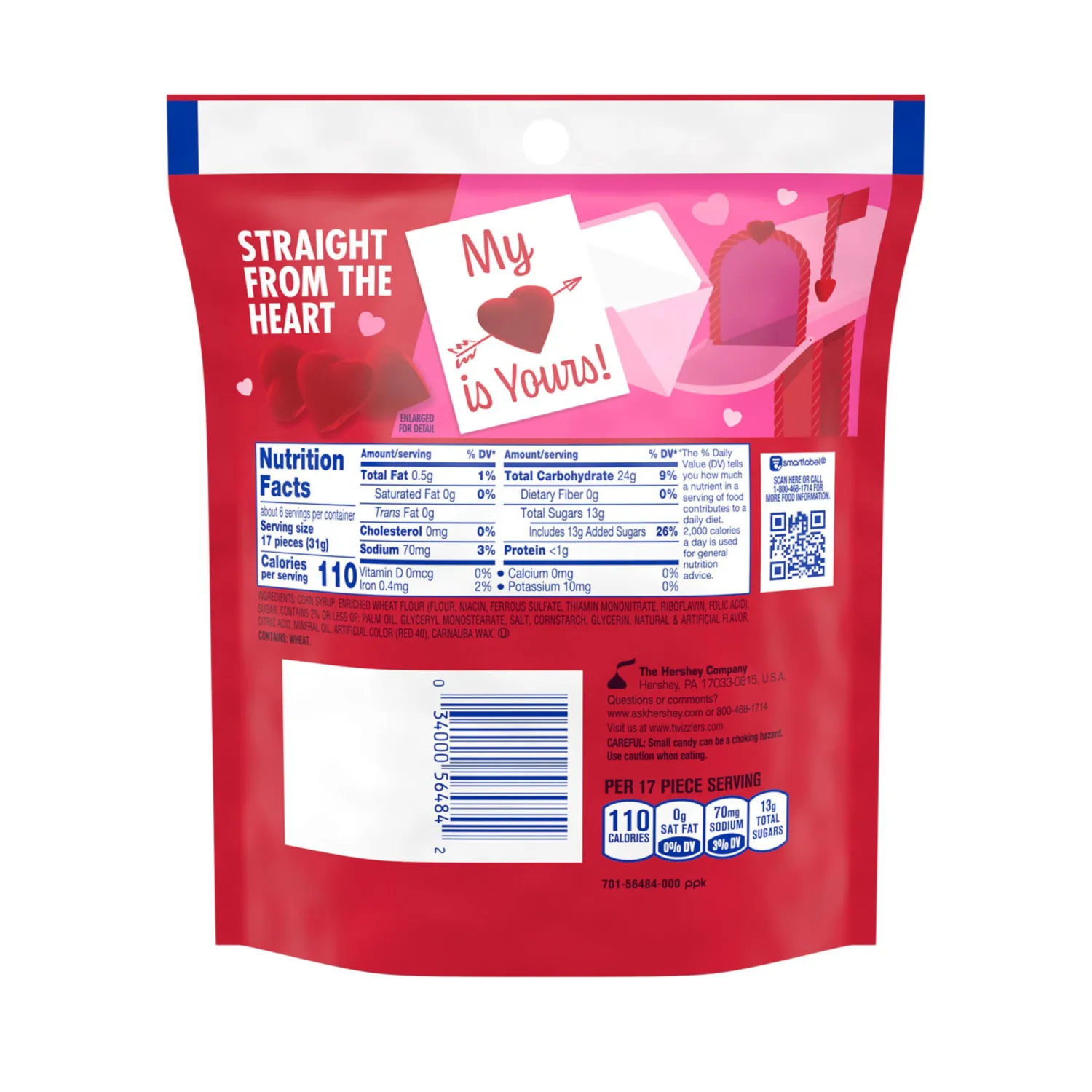 TWIZZLERS Cherry Flavored Hearts, Valentine's Candy Bag, 7.1 oz