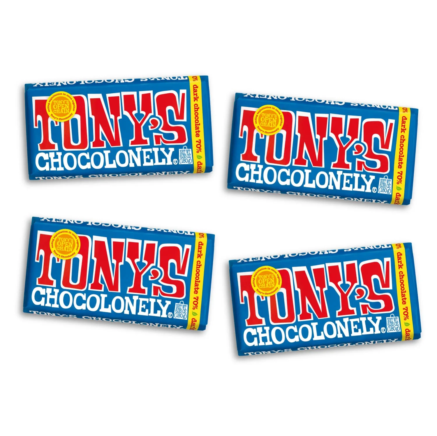 Tony's Chocolonely 70% Dark Chocolate Bar - Dark Belgium Chocolate, No Artificial Flavoring, Fairtrade & B Corp Certified - 6.35 Oz, 4 Bars