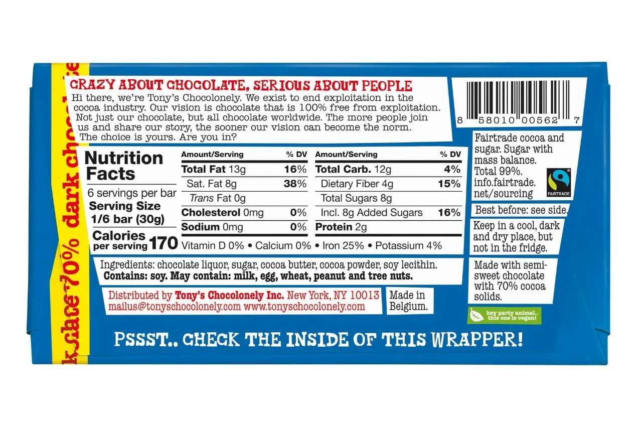 Tony's Chocolonely 70% Dark Chocolate Bar - Dark Belgium Chocolate, No Artificial Flavoring, Fairtrade & B Corp Certified - 6.35 Oz, 4 Bars