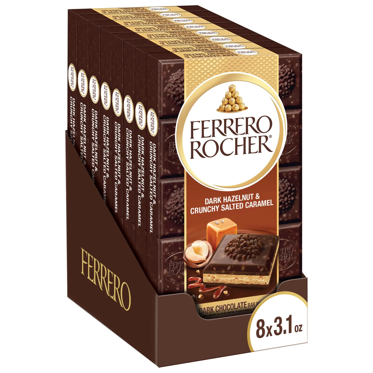 Ferrero Rocher Premium Chocolate Bars, 8 Pack, Dark Chocolate Hazelnut and Crunchy Salted Caramel, Luxury Chocolate, Individually Wrapped Holiday Treats, 3.1 oz Each