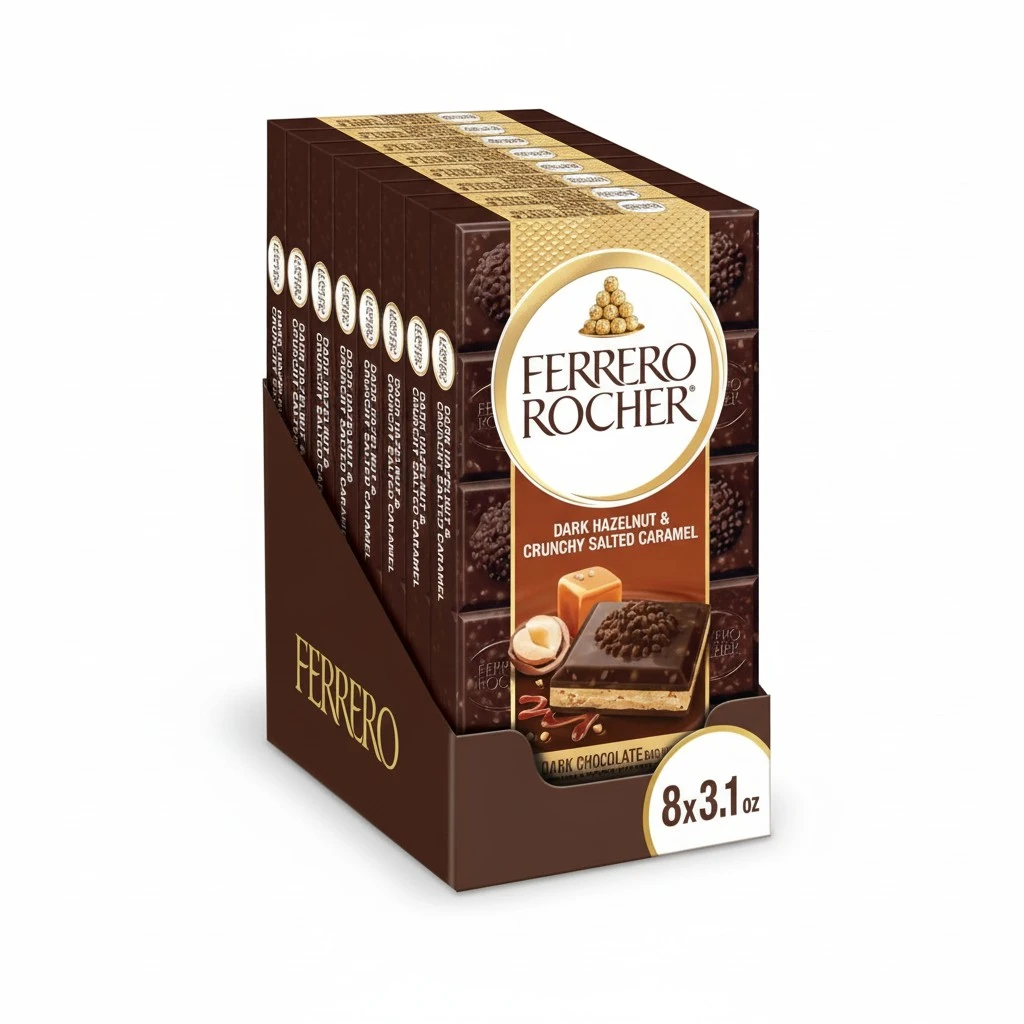Ferrero Rocher Premium Chocolate Bars, 8 Pack, Dark Chocolate Hazelnut and Crunchy Salted Caramel, Luxury Chocolate, Individually Wrapped Holiday Treats, 3.1 oz Each