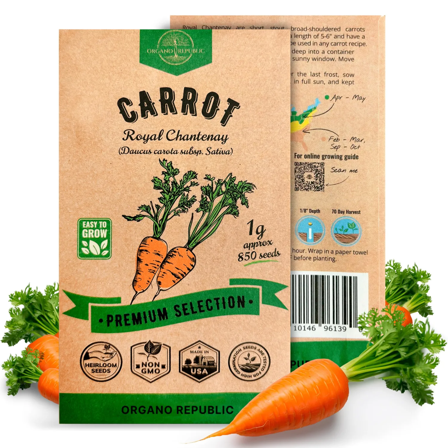 Organo Republic Carrot Royal Chantenay Seeds Pack 1G - Over 850 of Non-GMO Heirloom Carrot Seeds for Planting Vegetables in Individual Seed Packet, Vegetable Seeds for Planting Indoor & Outdoor Garden