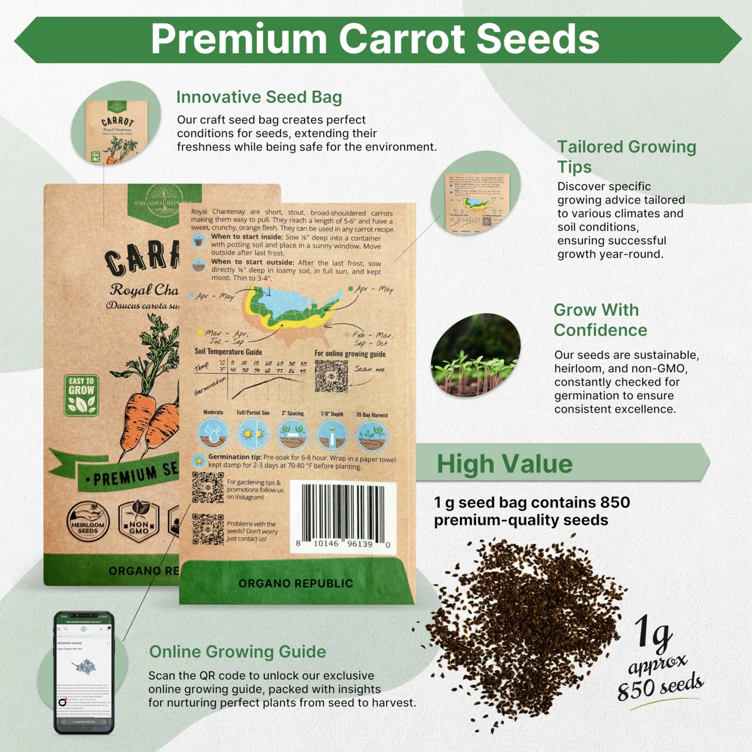 Organo Republic Carrot Royal Chantenay Seeds Pack 1G - Over 850 of Non-GMO Heirloom Carrot Seeds for Planting Vegetables in Individual Seed Packet, Vegetable Seeds for Planting Indoor & Outdoor Garden