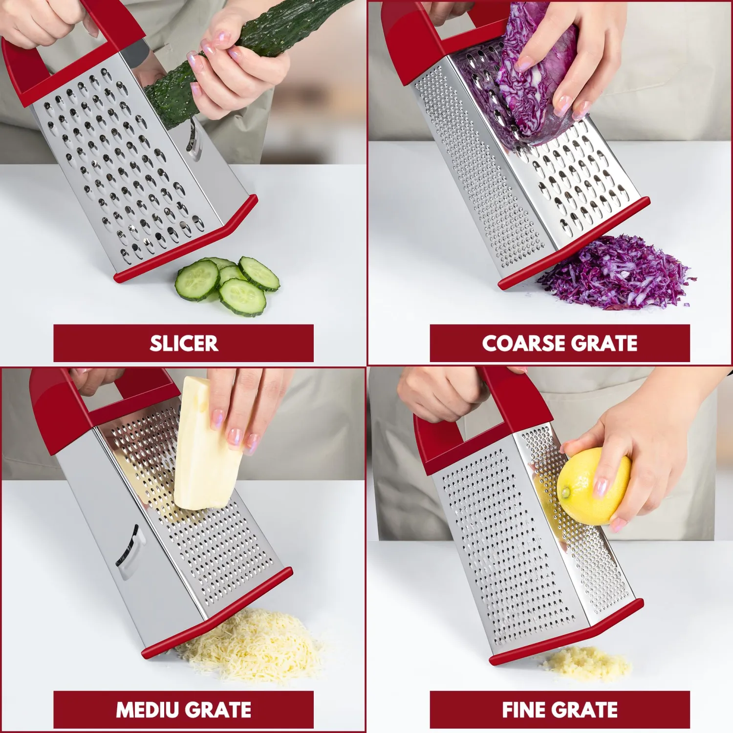 Urbanstrive Cheese Grater With Container, Professional Cheese Grater with Handle, Stainless Steel Graters for Kitchen Handheld, Box Grater with 4 Sides for Vegetables, Ginger, Potatoes (Red)
