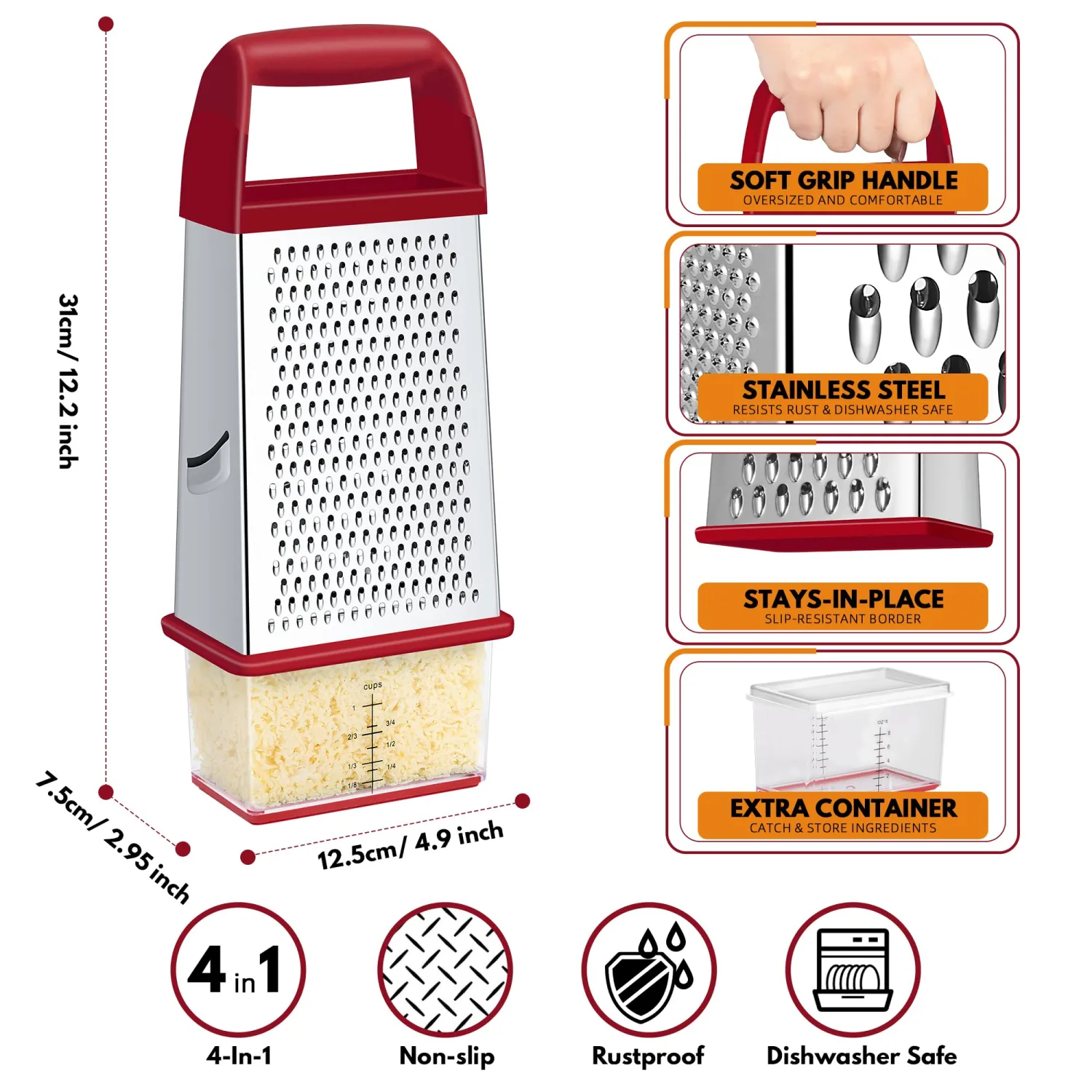 Urbanstrive Cheese Grater With Container, Professional Cheese Grater with Handle, Stainless Steel Graters for Kitchen Handheld, Box Grater with 4 Sides for Vegetables, Ginger, Potatoes (Red)