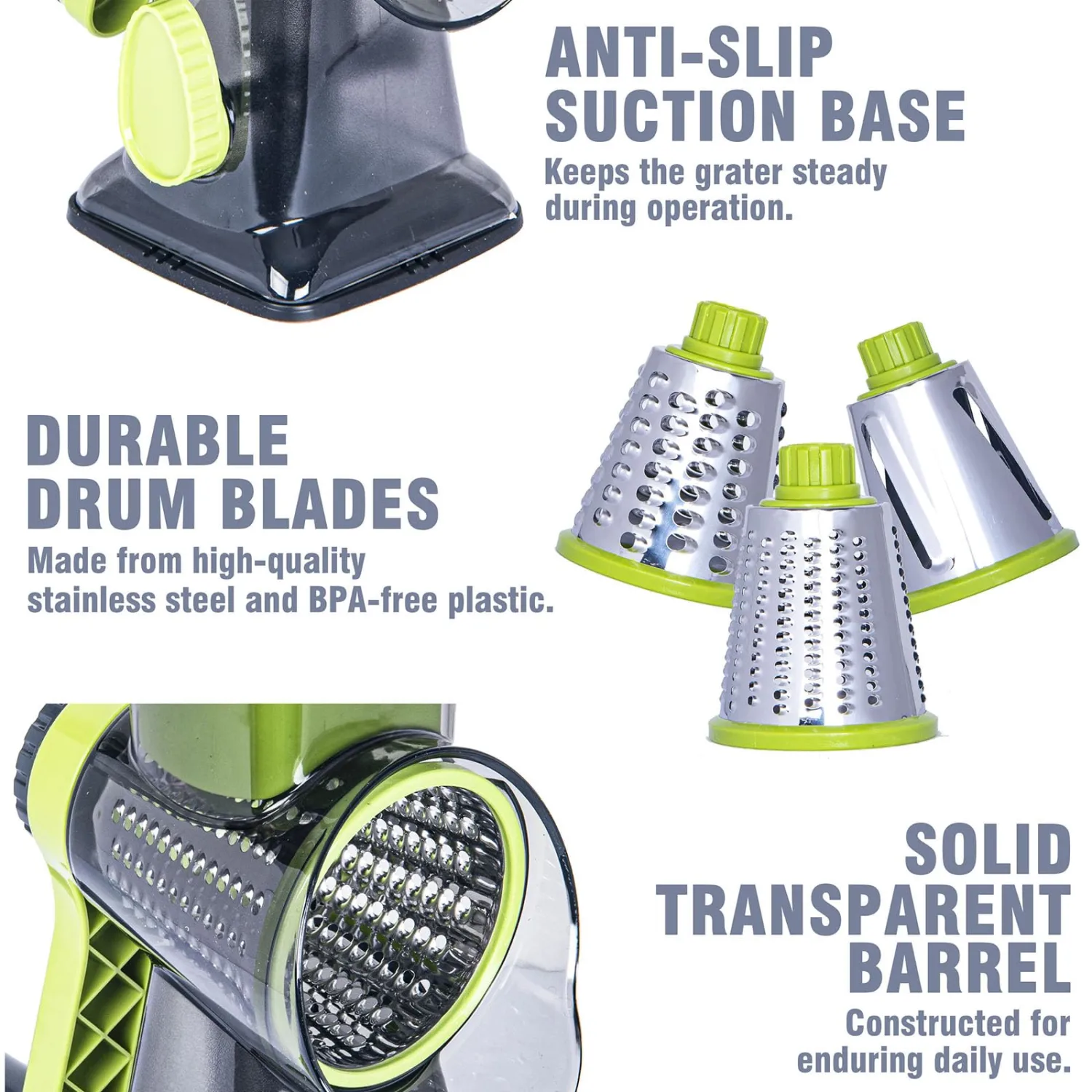 Rotary Cheese Grater Cheese Shredder, Cheese Grater Handheld with Strong Suction Base,Kitchen Vegetable Slicer 3 Replaceable Stainless Drum Blades for Fruit, Food, Nuts,Easy to Use Clean (Green)