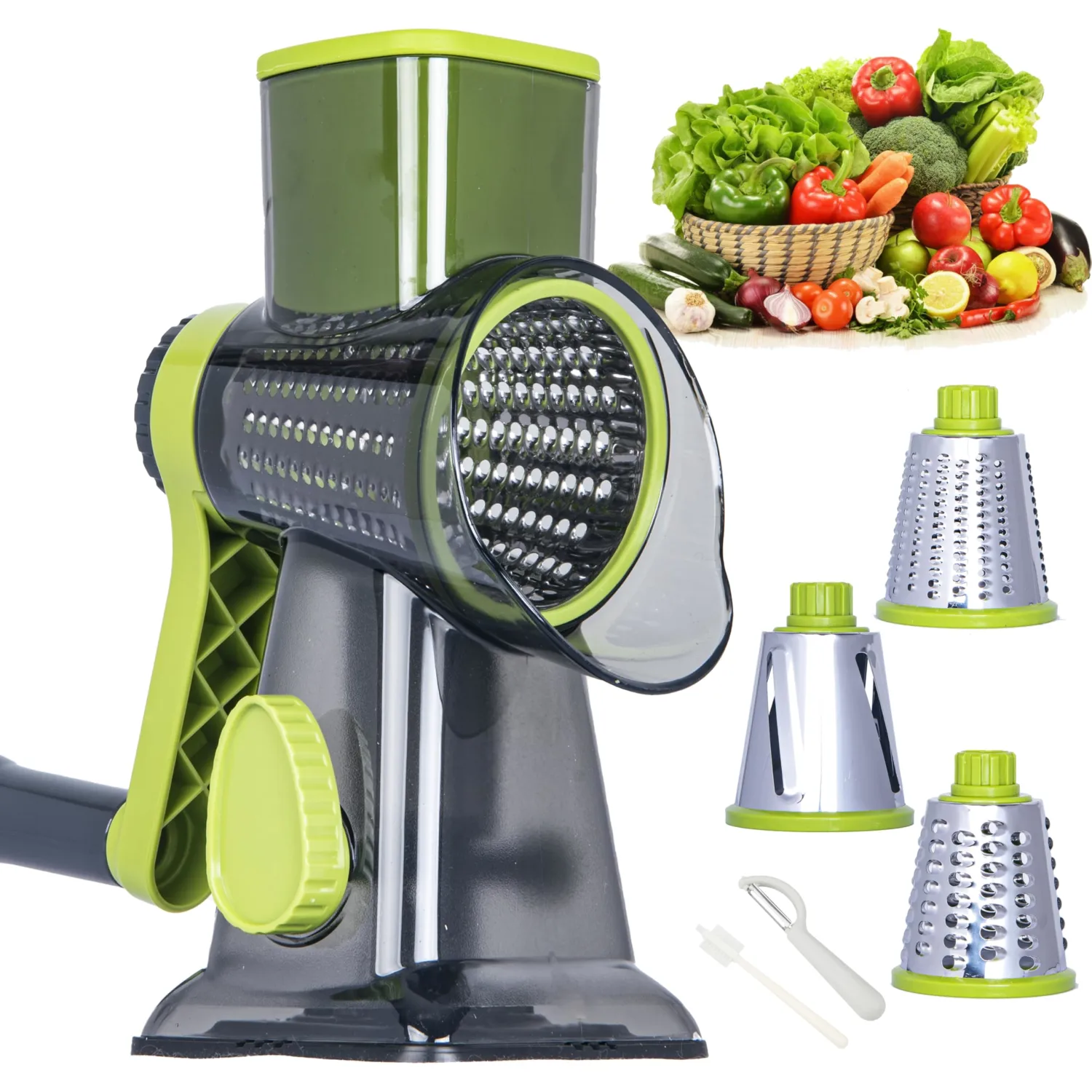 Rotary Cheese Grater Cheese Shredder, Cheese Grater Handheld with Strong Suction Base,Kitchen Vegetable Slicer 3 Replaceable Stainless Drum Blades for Fruit, Food, Nuts,Easy to Use Clean (Green)