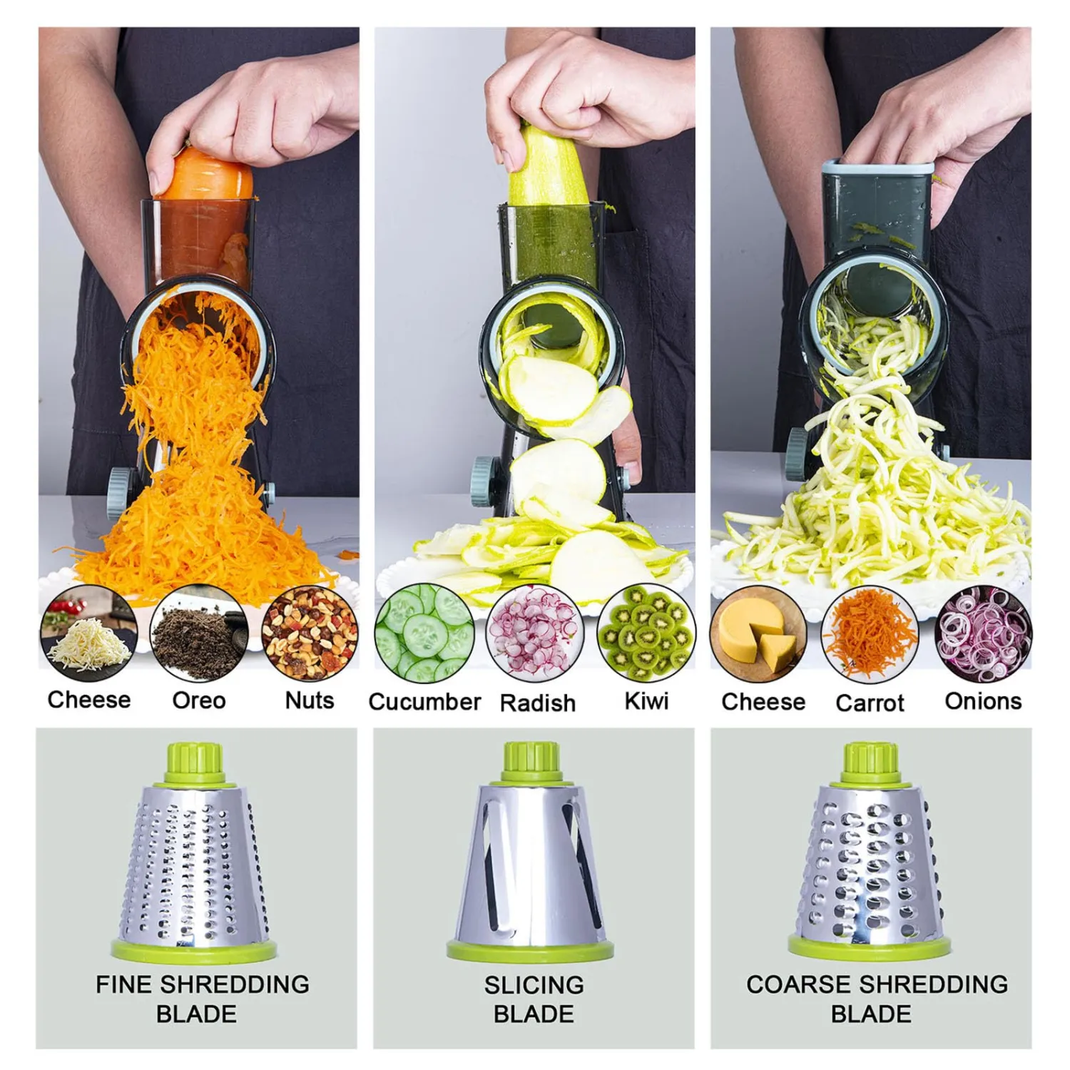 Rotary Cheese Grater Cheese Shredder, Cheese Grater Handheld with Strong Suction Base,Kitchen Vegetable Slicer 3 Replaceable Stainless Drum Blades for Fruit, Food, Nuts,Easy to Use Clean (Green)