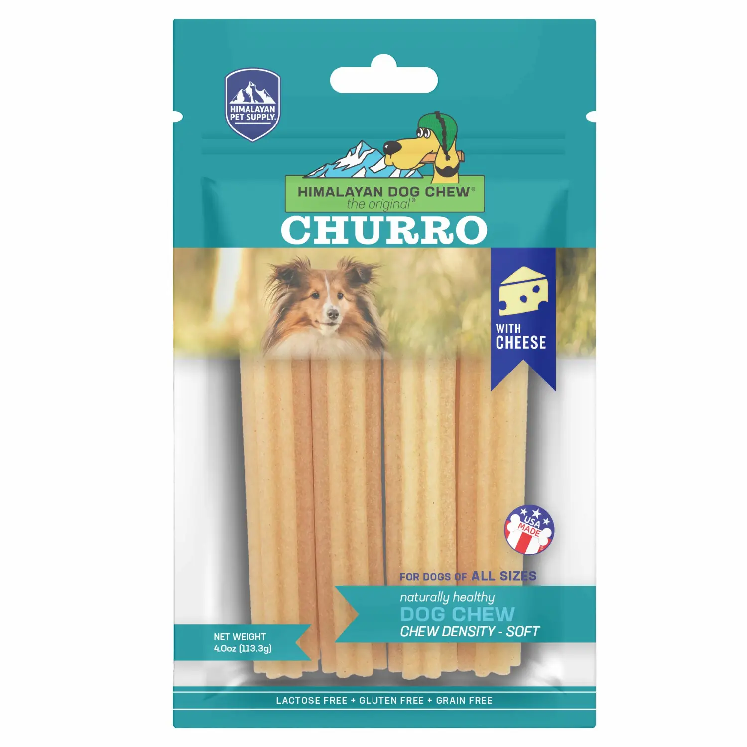 yaky CHURRO Himalaya Cheese Treats | Lactose Free | Gluten Free | Grain Free | USA MADE | for All Breeds | 4 CHURROs per Pouch | Original Cheese Flavor