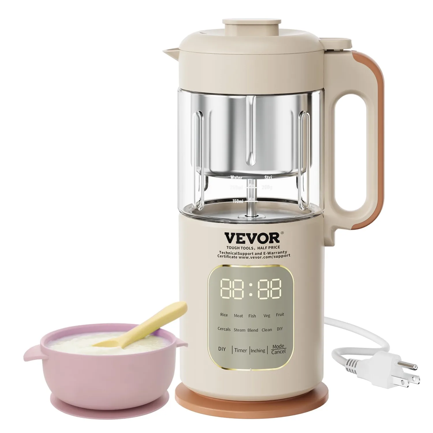VEVOR Baby Food Maker, 500W Baby Food Processor with 300 ml Glass Bowl, SUS304 Stainless Steel 4-Blade Baby Food Puree Blender Steamer Grinder for Food, Fruit, Vegatable, Meat. Beige