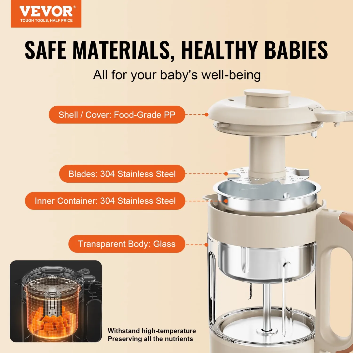 VEVOR Baby Food Maker, 500W Baby Food Processor with 300 ml Glass Bowl, SUS304 Stainless Steel 4-Blade Baby Food Puree Blender Steamer Grinder for Food, Fruit, Vegatable, Meat. Beige