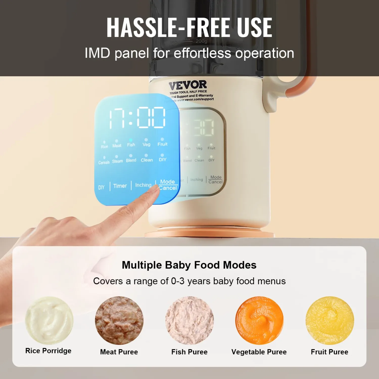 VEVOR Baby Food Maker, 500W Baby Food Processor with 300 ml Glass Bowl, SUS304 Stainless Steel 4-Blade Baby Food Puree Blender Steamer Grinder for Food, Fruit, Vegatable, Meat. Beige