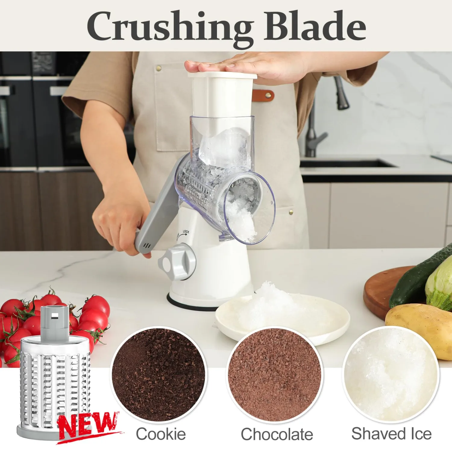 Cambom 5 in 1 Rotary Cheese Grater Hand Crank Cheese Shredder for Fresh Cheese, Vegetable, Nuts,Non-slip Suction Base, Five Blades, White