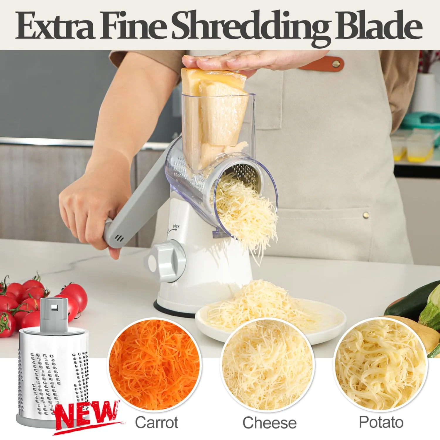 Cambom 5 in 1 Rotary Cheese Grater Hand Crank Cheese Shredder for Fresh Cheese, Vegetable, Nuts,Non-slip Suction Base, Five Blades, White