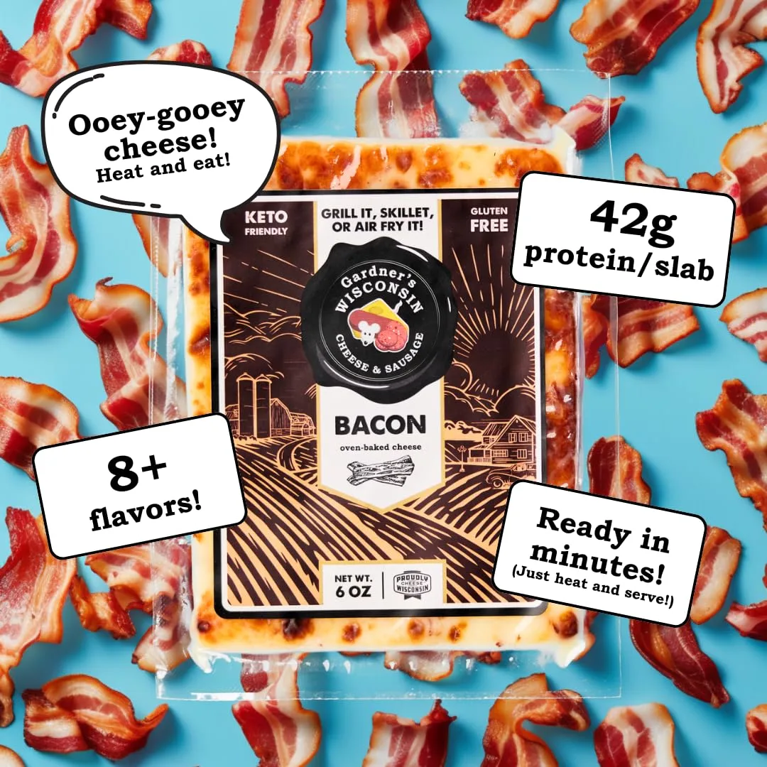 Gardner's Wisconsin Cheese and Sausage, 4 Pack of Oven Baked Cheese, Bacon Flavor (6 Ounces Per Block) - Artisan Cheese Made in Wisconsin, Perfect for Holiday Gifts, Grilling, Barbeques, and Holiday Season!
