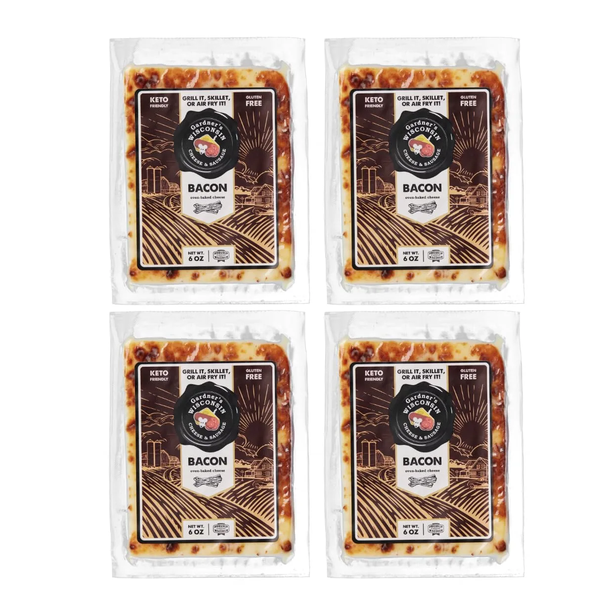 Gardner's Wisconsin Cheese and Sausage, 4 Pack of Oven Baked Cheese, Bacon Flavor (6 Ounces Per Block) - Artisan Cheese Made in Wisconsin, Perfect for Holiday Gifts, Grilling, Barbeques, and Holiday Season!