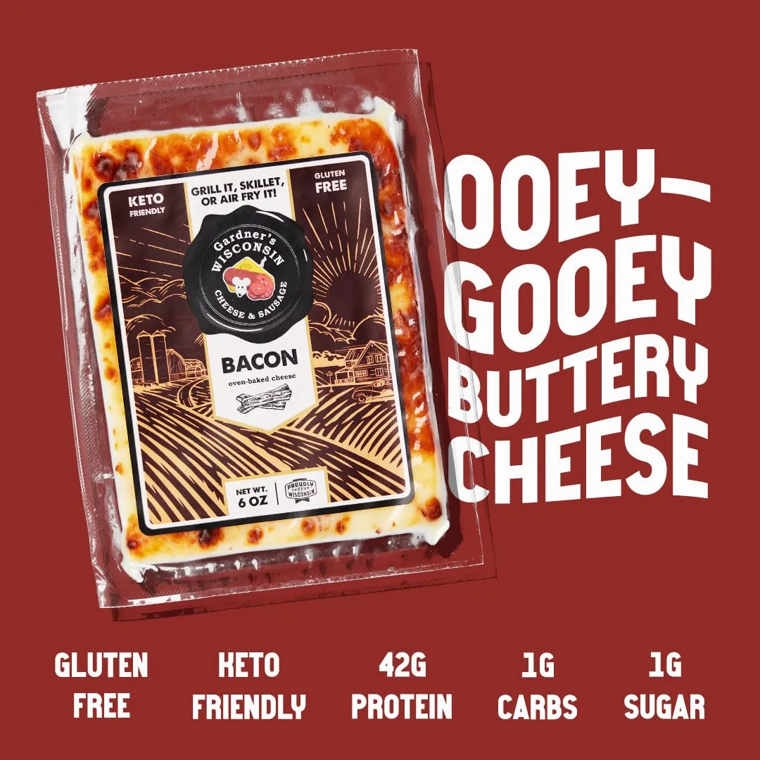 Gardner's Wisconsin Cheese and Sausage, 4 Pack of Oven Baked Cheese, Bacon Flavor (6 Ounces Per Block) - Artisan Cheese Made in Wisconsin, Perfect for Holiday Gifts, Grilling, Barbeques, and Holiday Season!