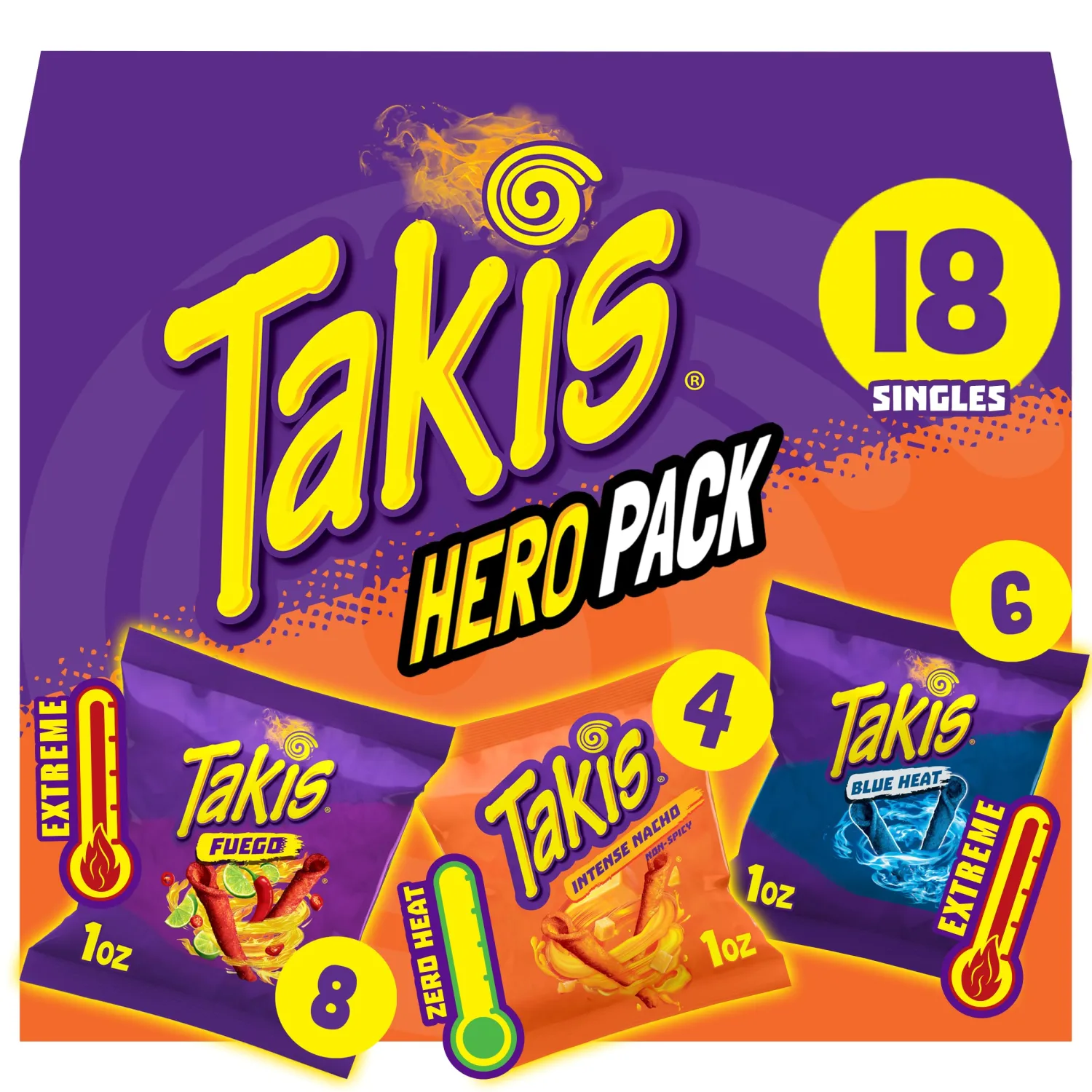 Takis 18 pc / 1 oz Hero Variety Pack, Assorted Flavored Mixed Rolled Tortilla Chips – (8) Fuego, (6) Blue Heat, (4) Intense Nacho