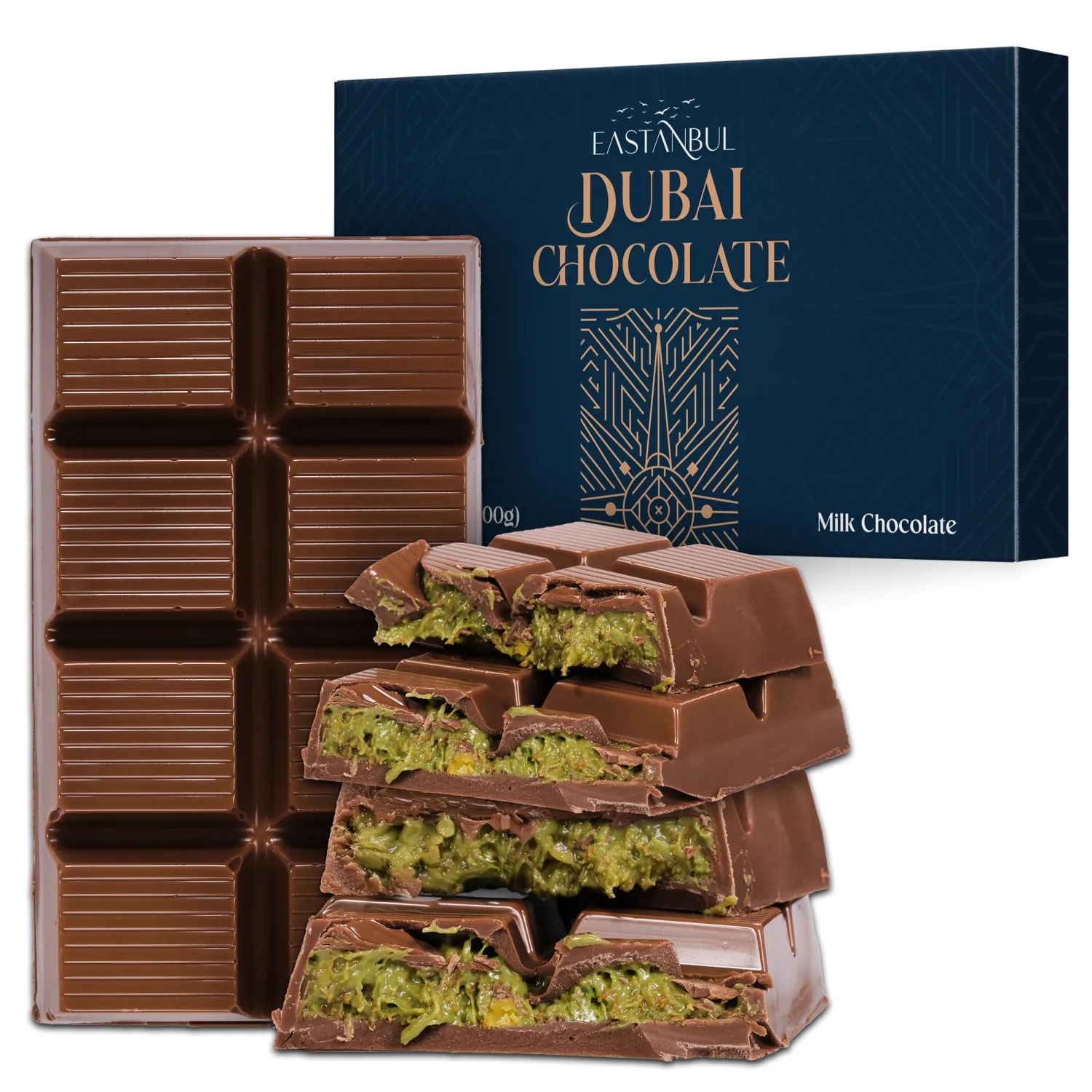 Eastanbul Dubai Chocolate Bar Pistachio, 7oz, Premium Pistachio Dubai Chocolate Bar, Viral Candy with Shredded Phyllo Dough, Knafeh, Gift Box