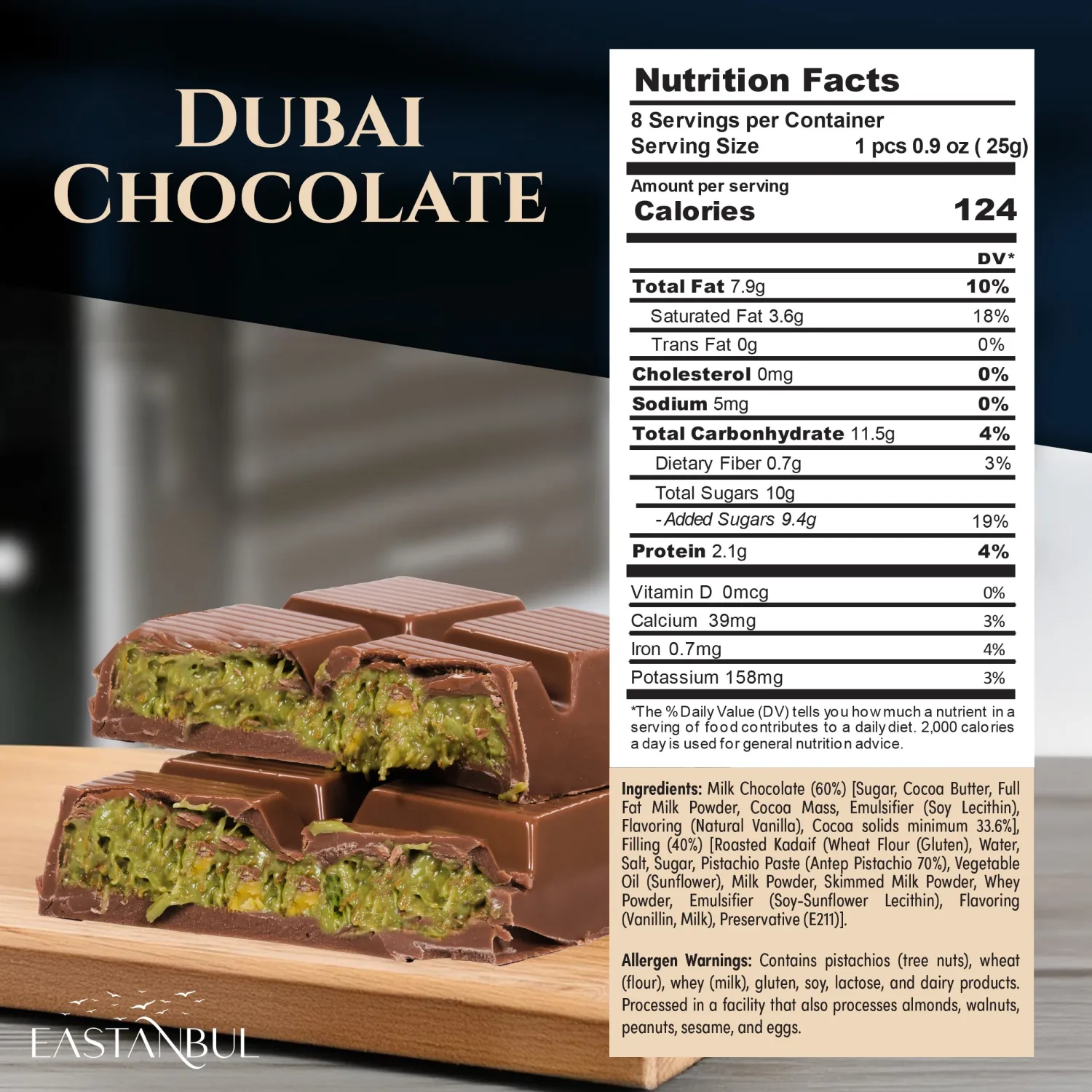 Eastanbul Dubai Chocolate Bar Pistachio, 7oz, Premium Pistachio Dubai Chocolate Bar, Viral Candy with Shredded Phyllo Dough, Knafeh, Gift Box
