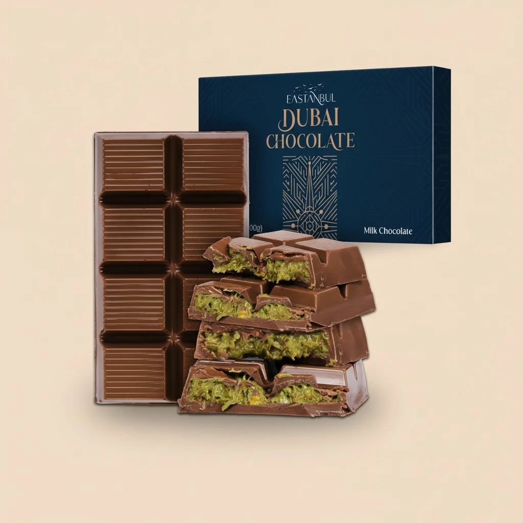 Eastanbul Dubai Chocolate Bar Pistachio, 7oz, Premium Pistachio Dubai Chocolate Bar, Viral Candy with Shredded Phyllo Dough, Knafeh, Gift Box