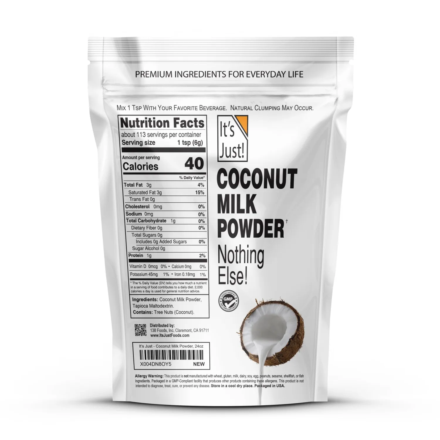 It's Just - Coconut Milk Powder, 24oz, Dairy-Free, Coconut Milk Beverage, Keto Friendly, MCTs, Two Ingredients, Non-GMO, Product of Sri Lanka