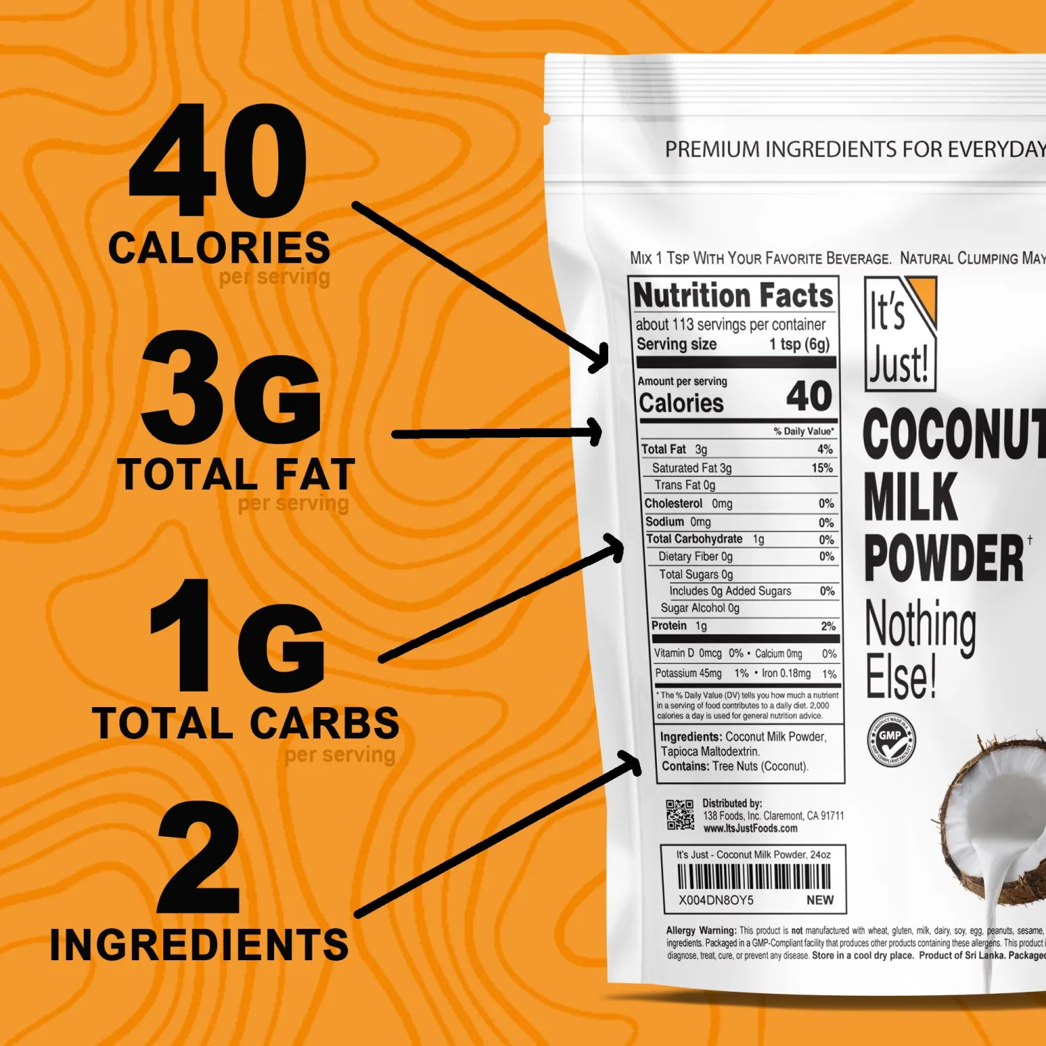 It's Just - Coconut Milk Powder, 24oz, Dairy-Free, Coconut Milk Beverage, Keto Friendly, MCTs, Two Ingredients, Non-GMO, Product of Sri Lanka