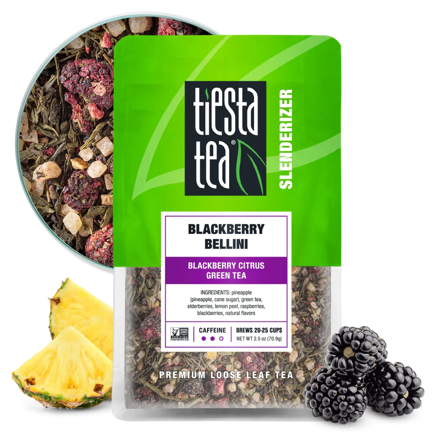 Tiesta Tea - Blackberry Bellini | Loose Leaf | Blackberry Citrus Green Tea | Premium Medium Caffeine Blend | Makes Hot or Iced & Brews Up to 25 Cups | 2.5oz Resealable Pouch