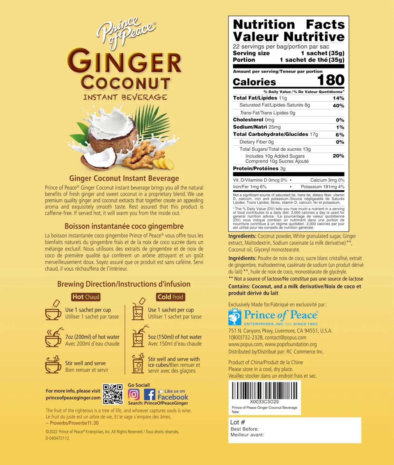 Prince of Peace Ginger Coconut Instant Beverage, 22 Sachets – Instant Hot or Cold Beverage that Soothes Throat – Easy to Brew – Caffeine and Gluten Free – Real Coconut and Fresh Ginger – Rich and