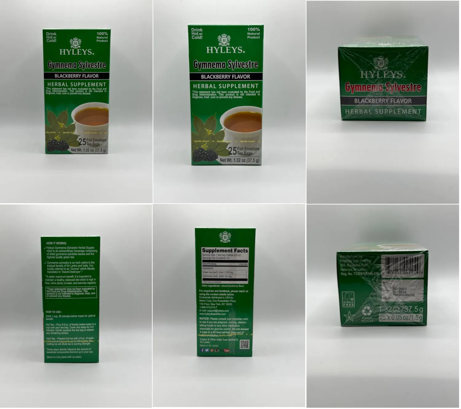 Hyleys Gymnema Sylvestre with Green Tea - Blackberry Flavor - 25 Tea Bags - Herbal Supplement Gurmar Tea