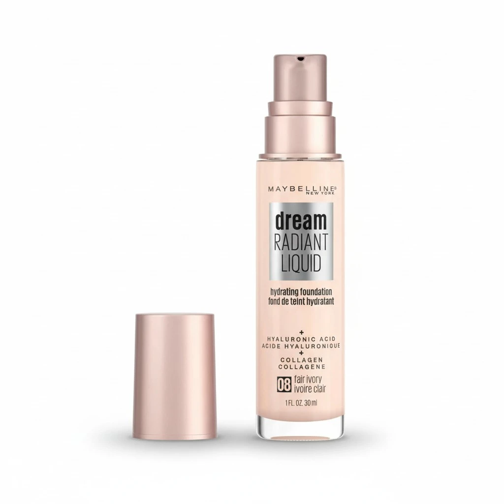 Maybelline Dream Radiant Liquid Medium Coverage Hydrating Makeup, Lightweight Liquid Foundation, Fair Ivory, 1 Count