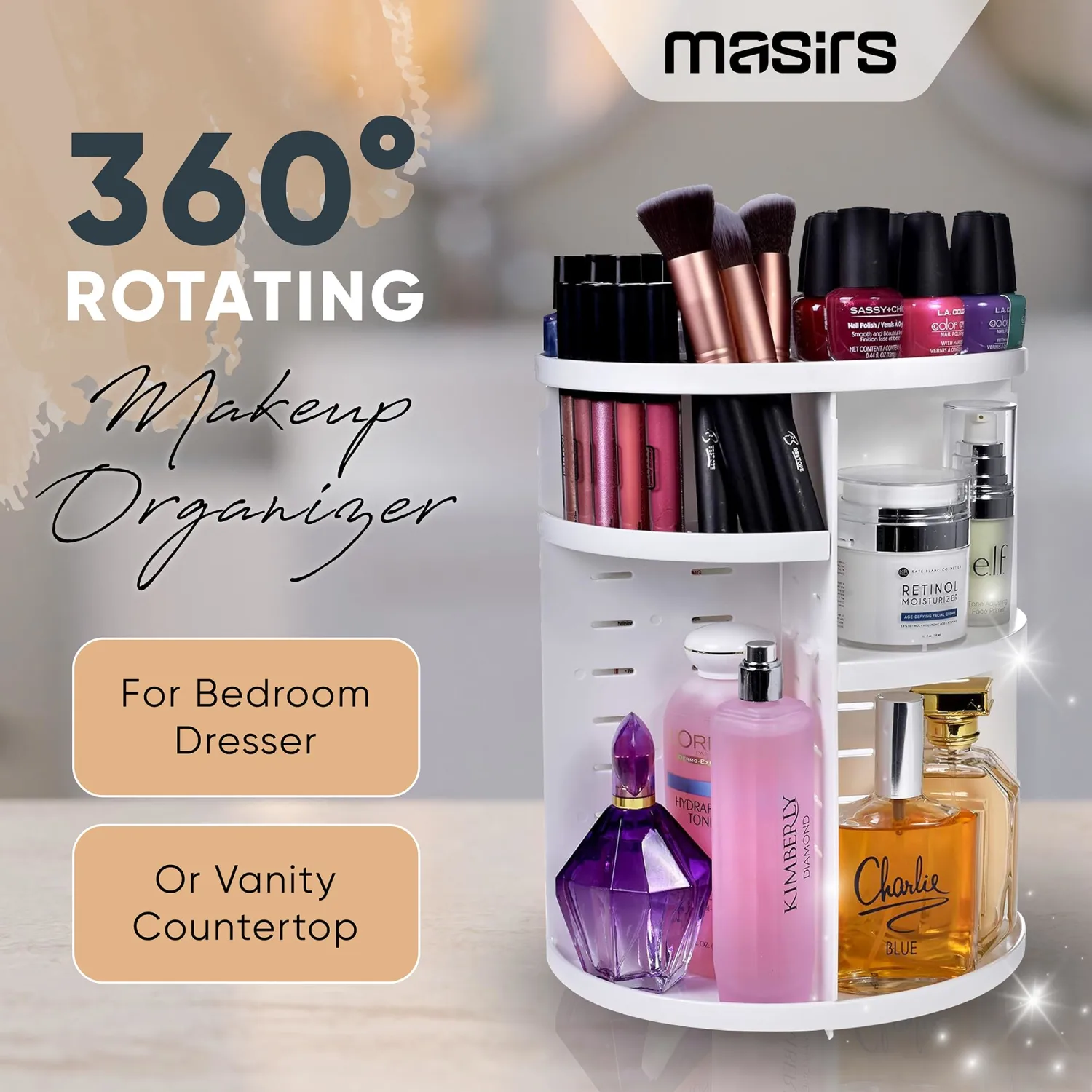 Masirs 360 Rotating Makeup Organizer - Adjustable Shelf Height and Fully Rotatable. The Perfect Cosmetic Organizer for Bedroom Dresser or Vanity Countertop. (White)