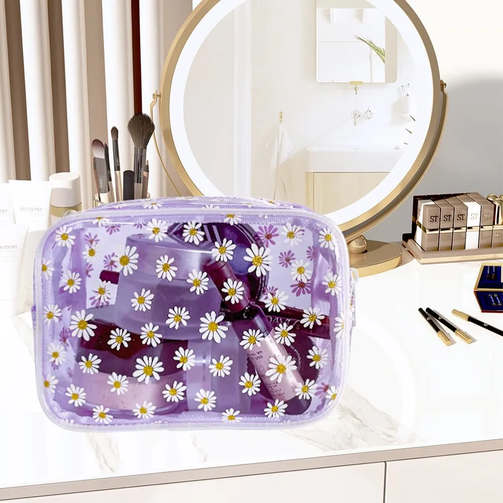 ONEART 3pcs Clear Makeup Bags,Transparent Women Cosmetic Bag with Zipper,Daisy Beauty Case,Make Up Organizer Storage,Bath Toiletry Wash Bag