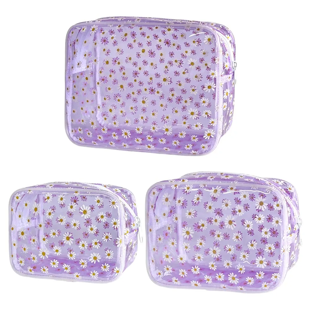 ONEART 3pcs Clear Makeup Bags,Transparent Women Cosmetic Bag with Zipper,Daisy Beauty Case,Make Up Organizer Storage,Bath Toiletry Wash Bag