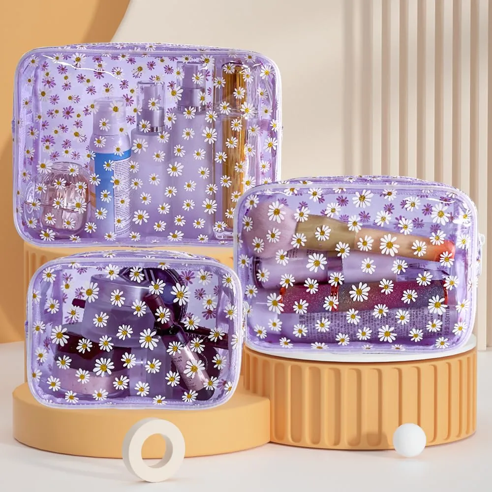ONEART 3pcs Clear Makeup Bags,Transparent Women Cosmetic Bag with Zipper,Daisy Beauty Case,Make Up Organizer Storage,Bath Toiletry Wash Bag