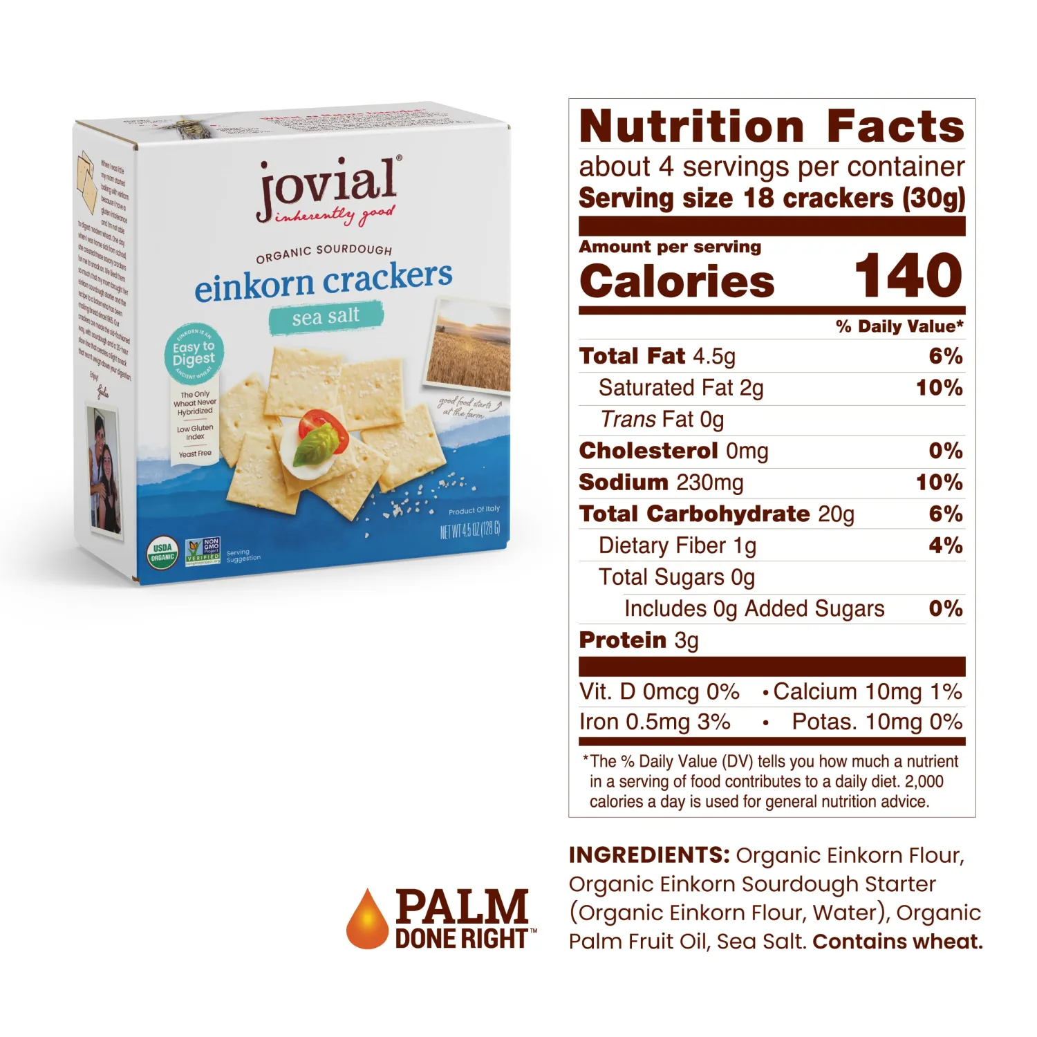 Jovial Organic Sourdough Einkorn Sea Salt Crackers - Sourdough Crackers, Crackers for Cheese Platter, Made with Einkorn, USDA Organic, Non-GMO - 4.5 Oz, 2 Pack